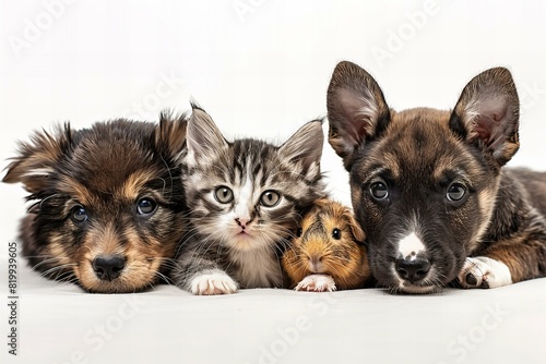 A kitten, dog, and guinea pig are one in front of another