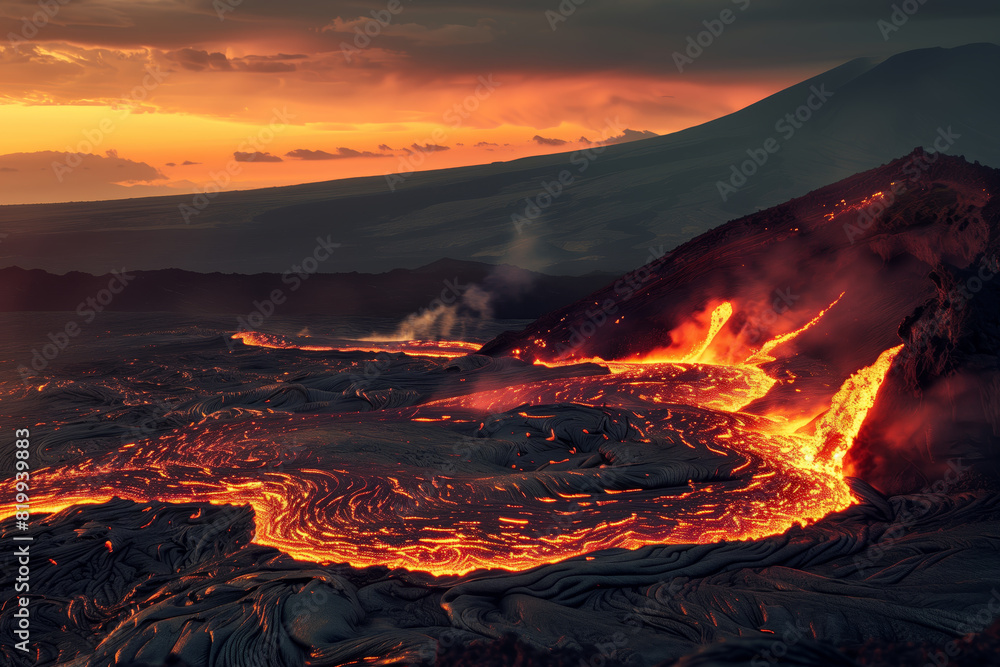 Stunning Volcano Eruption with Molten Lava Flow and Smoke Clouds in the Night Sky Stunning Volcano Eruption with Molten Lava Flow and Smoke Clouds in the Night Sky