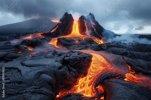 Stunning Volcano Eruption with Molten Lava Flow and Smoke Clouds in the Night Sky