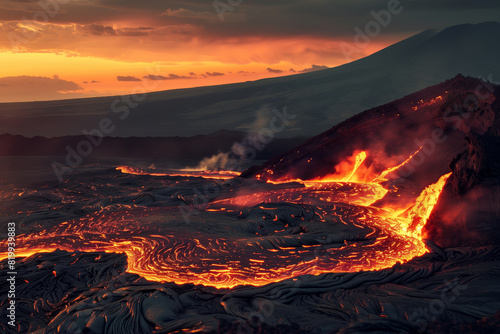 Stunning Volcano Eruption with Molten Lava Flow and Smoke Clouds in the Night Sky