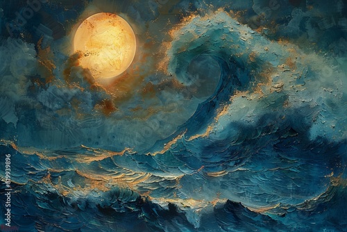 Digital artwork of the great wave and the sun are shown on an abstract painting photo