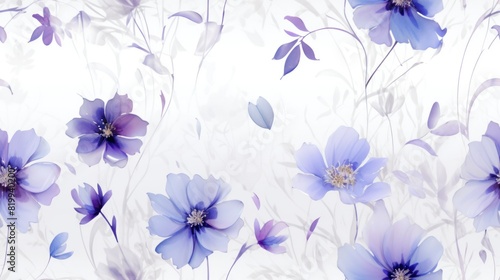 Purple flower petals leaves white background seamless pattern ink brush hand drawn