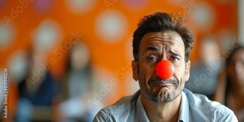 Awkward businessman in office or court wearing red clown nose and feeling stressed. Concept Comedic Business, Office Mishaps, Clownish Attorney, Stressful Day, Awkward Work Situation