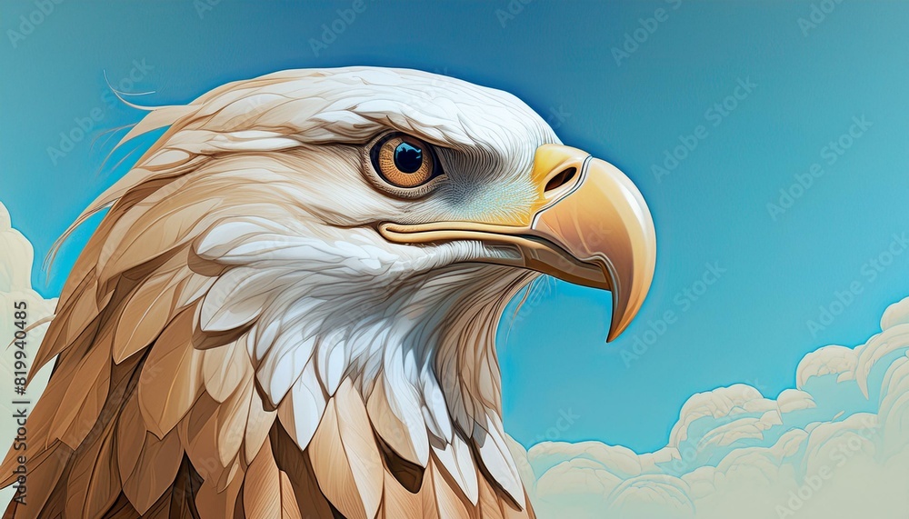 Fototapeta premium A close-up of an eagle's head with its beak slightly open, set against a clear, light blue 