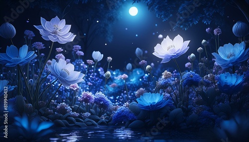 A blooming garden at night with flowers softly lit by moonlight, surrounded by dark foliage.