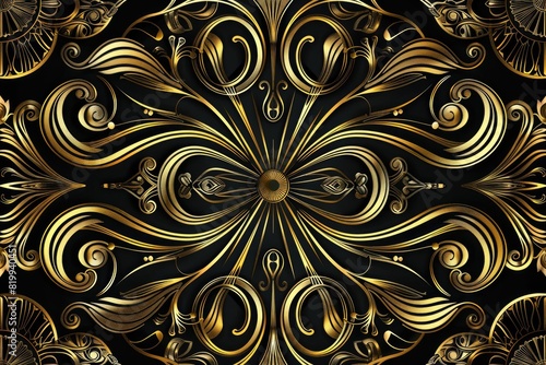 A gold and black floral design with a large gold circle in the center. The design is ornate and intricate, with a sense of luxury and elegance