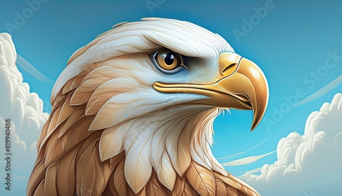A close-up of an eagle's head with its beak slightly open, set against a clear, light blue 