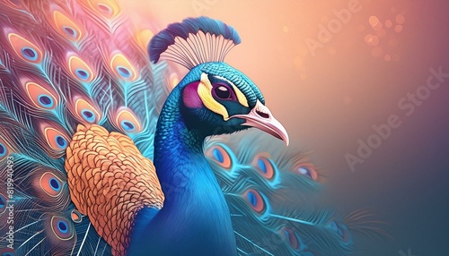 A colorful peacock with a proud, elegant smile, displayed against a plain, soft-colored back