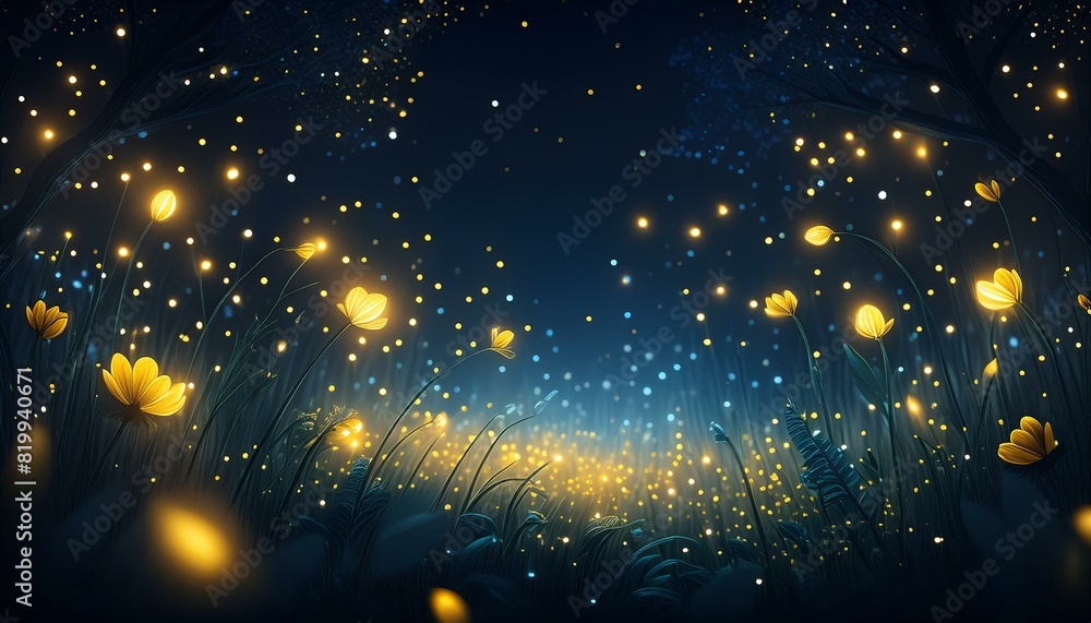 A meadow illuminated by fireflies under a clear night sky, with dark silhouettes of grass 
