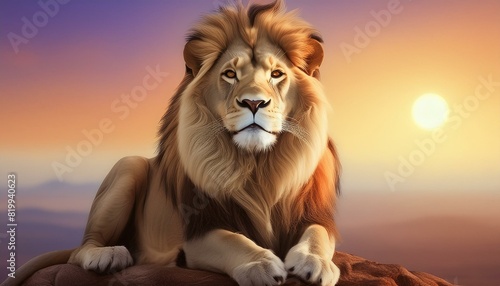 A majestic lion with a proud  confident smile  sitting against a smooth  gradient sunset 