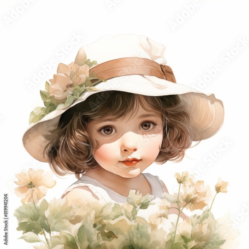 Adorable watercolor painting of a little girl with a white hat surrounded by flowers, evoking innocence and beauty in a charming scene.