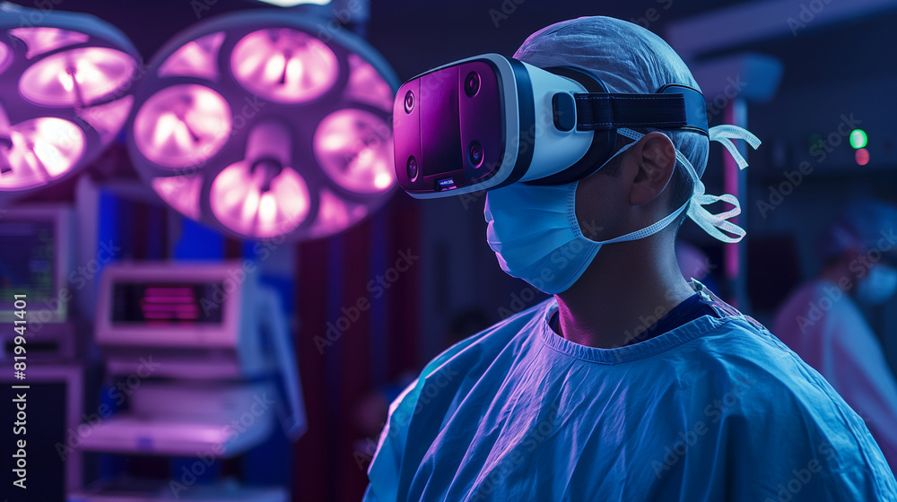 A surgeon using VR glasses for a simulated operation in a medical facility, illustrating VR in healthcare. A surgeon using VR glasses for a simulated operation in a medical facility, illustrating VR in healthcare.