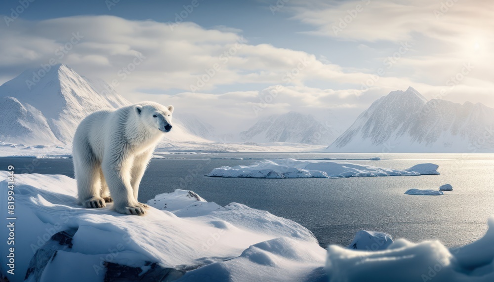 Polar bears walks in extreme winter weather, standing above snow with a view of the frost mountains Polar bears walks in extreme winter weather, standing above snow with a view of the frost mountains