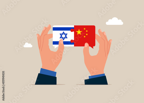 Crisis in world. Conflict with two opposing trading partners Israel and China. Symbol of misunderstanding, negotiation problems, miscommunication, argument. Flat vector illustration
