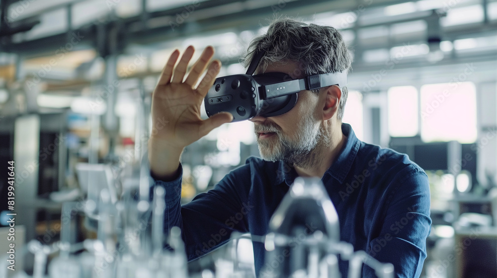 An engineer with VR glasses designing a 3D model in an industrial workspace, showcasing VR in engineering. An engineer with VR glasses designing a 3D model in an industrial workspace, showcasing VR in engineering.
