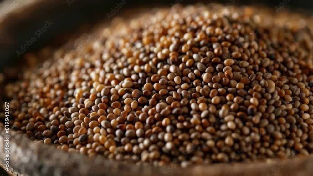 A bowl of brown seeds is piled high. The seeds are small and brown, and they are scattered throughout the bowl. The bowl is made of wood and has a rustic appearance A bowl of brown seeds is piled high. The seeds are small and brown, and they are scattered throughout the bowl. The bowl is made of wood and has a rustic appearance