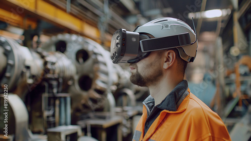 A factory worker training on machinery with VR glasses in a plant, demonstrating VR in industrial training.