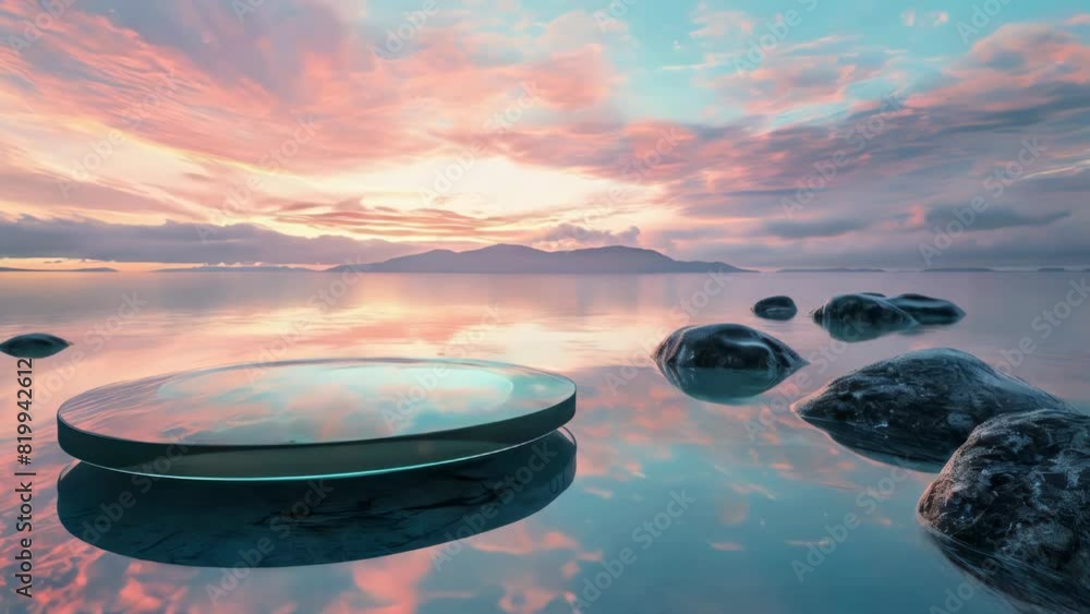 A large body of water with a small, round, clear object in the middle. The water is calm and the sky is pink and orange A large body of water with a small, round, clear object in the middle. The water is calm and the sky is pink and orange