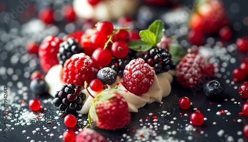 Delicious assortment of fresh berries including strawberries, raspberries, and blackberries with powdered sugar and mint leaves on dark background.
