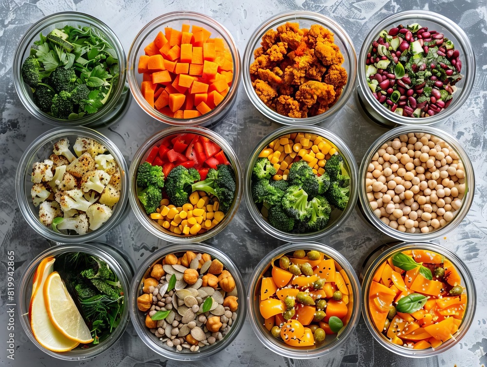 A top view of a week's worth of vegan meal prep containers, showcasing variety and nutrition, futuristic tone, Vivid A top view of a week's worth of vegan meal prep containers, showcasing variety and nutrition, futuristic tone, Vivid