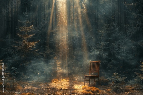 A chair resting in a forest filled with trees with sun beams