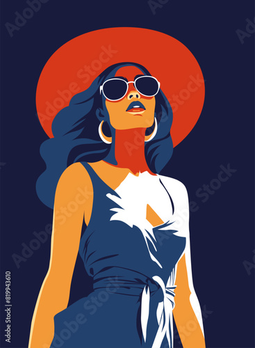 Fashionable girl. Young beautiful fashion woman with sunglasses and summer hat. Abstract female portrait  contemporary design  limited palette vector illustration