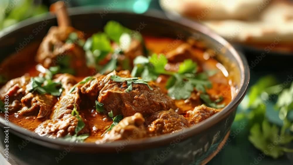 A bowl of red curry with green herbs and meat. The bowl is on a table with a plate of bread A bowl of red curry with green herbs and meat. The bowl is on a table with a plate of bread