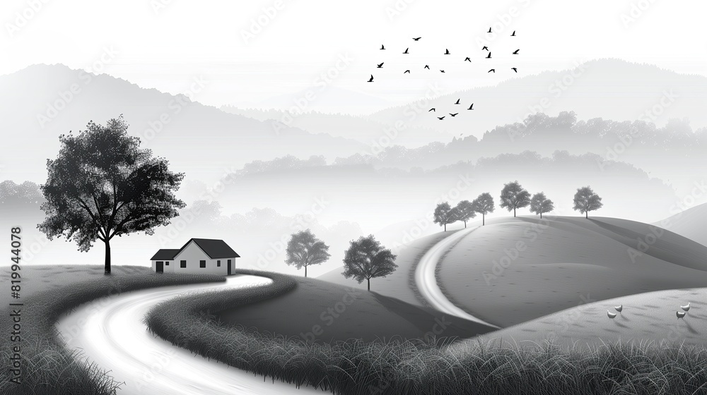 Fototapeta premium A small farmhouse sits nestled among the fields, its outline quaint against the backdrop of nature. generated AI