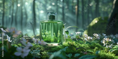 Product photography of green perfume bottle, green perfume placed on grass, surrounded 