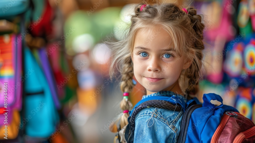 Fototapeta premium Little Girl With Backpack in Store