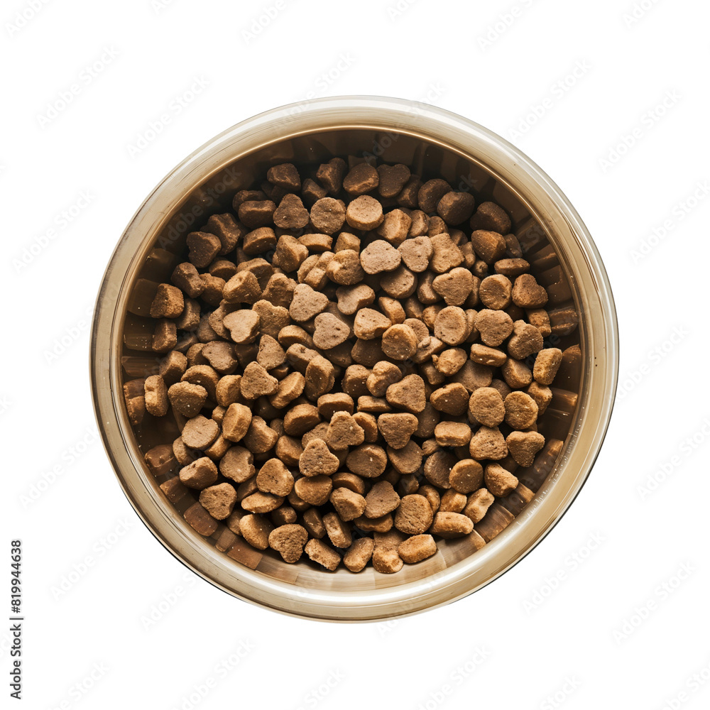 Dry food of cat and dog in golden bowl, top view, isolated on transparent background Dry food of cat and dog in golden bowl, top view, isolated on transparent background