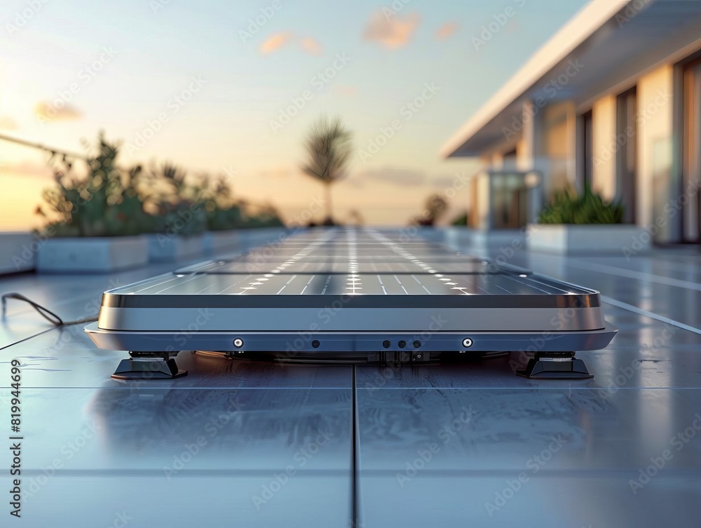 A detailed image of a single solar cell on a rooftop, close-up, showcasing technological detail, side view, focusing on innovation, robotic tone, Monochromatic Color Scheme A detailed image of a single solar cell on a rooftop, close-up, showcasing technological detail, side view, focusing on innovation, robotic tone, Monochromatic Color Scheme