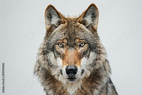 Wolf on white background with furrowed brow, high quality, high resolution photo