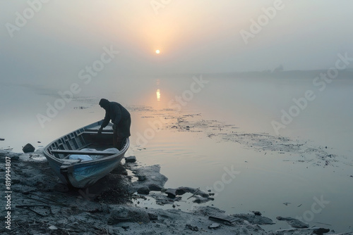 A smuggler loading illegal goods onto a small boat at dawn, foggy riverbank, looking out for patrols photo