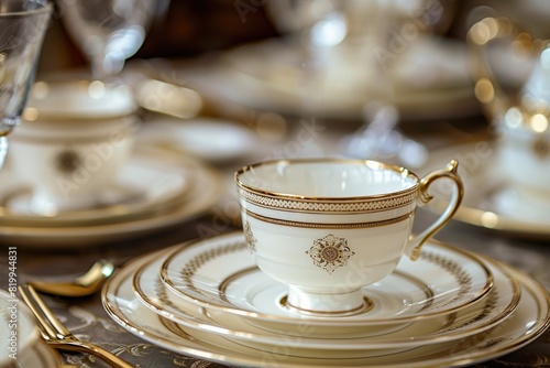 Elegant ornate china set with intricate patterns, delicate gold accents, and exquisite craftsmanship, ideal for special occasions photo
