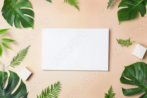 Birthday and Wedding Elegant White Tabletop Mockup with Blank Greeting Card and Decorative Green Leaves
