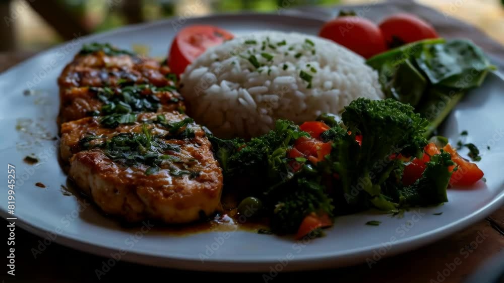 A plate of food with a piece of meat, rice, broccoli, and tomatoes A plate of food with a piece of meat, rice, broccoli, and tomatoes