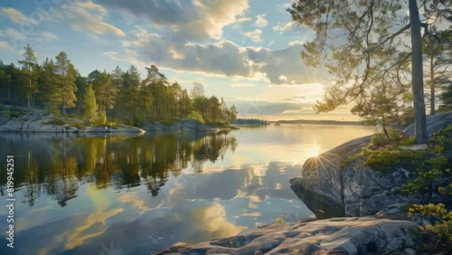 A beautiful lake with a cloudy sky in the background. The sun is shining on the water, creating a serene and peaceful atmosphere