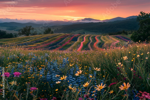Dreamy chevron waves in a field of wildflowers at dawn.