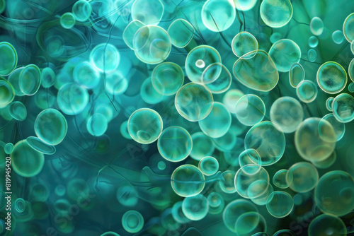 Microscopic View of Softly Glowing Interconnected Cells on Teal Background