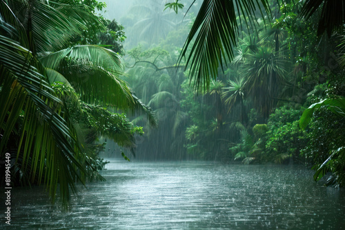 Monsoon Rains Lashing Tropical Jungle with Overflowing Rivers and Vibrant Green Foliage