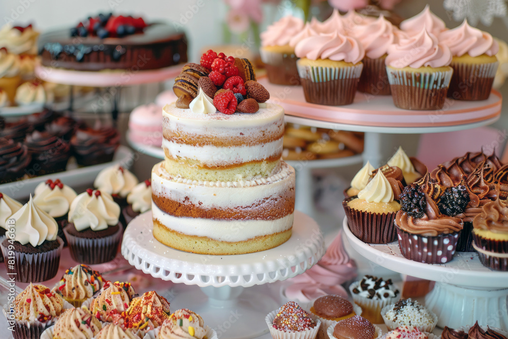 Elegant Dessert Spread: Cakes, Cupcakes, and Pastries with Fresh Berries and Creamy Frosting. AI generated Elegant Dessert Spread: Cakes, Cupcakes, and Pastries with Fresh Berries and Creamy Frosting. AI generated