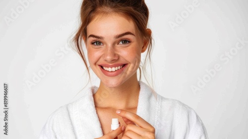 A Woman Holding Skincare Product photo
