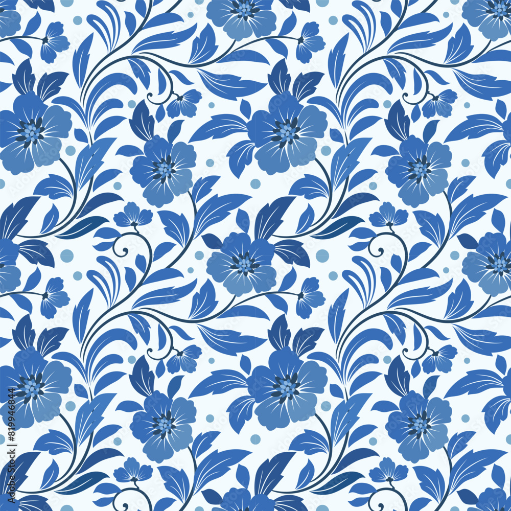 Fototapeta premium Vintage blue floral seamless pattern. Vector background design for textile, Wallpaper, background, web design. Floral pattern.