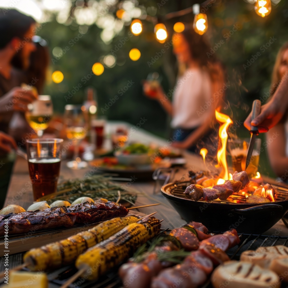 Fototapeta premium Close-up BBQ food. Group of friends having barbecue party outdoors. AI generated