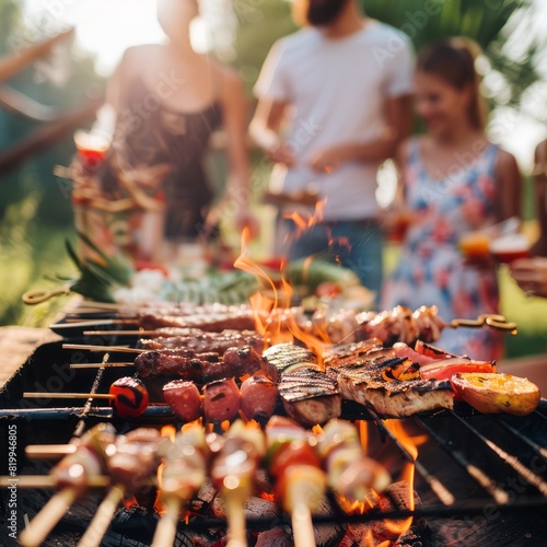 Close-up BBQ food. Group of friends having barbecue party outdoors. AI generated