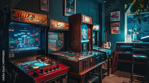 A game room with a large screen TV, several arcade games, and a claw machine. photo