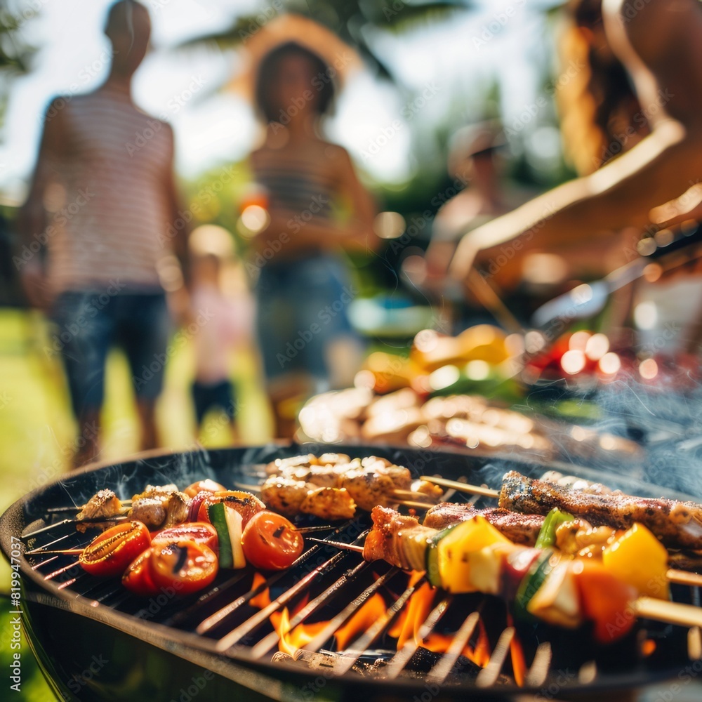 Close-up BBQ food. Group of friends having barbecue party outdoors. AI generated Close-up BBQ food. Group of friends having barbecue party outdoors. AI generated