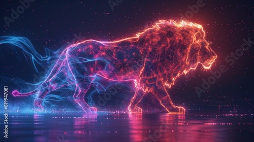 Pink and Blue Digital Art of Glowing Lion in Night Sky with Sparkling Particles © Sippung