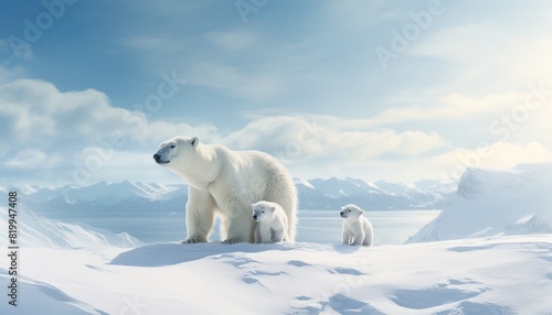 Polar bears walks in extreme winter weather, standing above snow with a view of the frost mountains